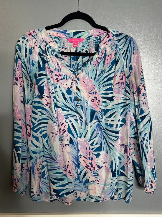 Lilly Pulitzer Silk Elsa Top Tweet Hearts Print Blouse Size S Palm Beach Style - Picture 3 of 5